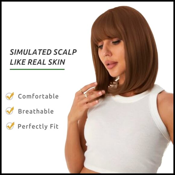 Short Straight Bob Wig with Bangs Heat Resistant Synthetic Lightweight main image 5